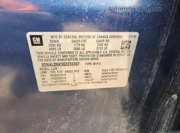 2GNALDEK3G6230007 2016 CHEVROLET EQUINOX Blue Вид підкапотного простору