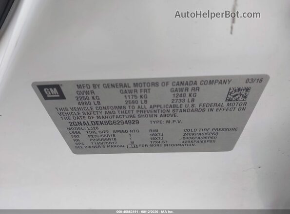 2GNALDEK6G6294929 2016 CHEVROLET EQUINOX White Вид підкапотного простору