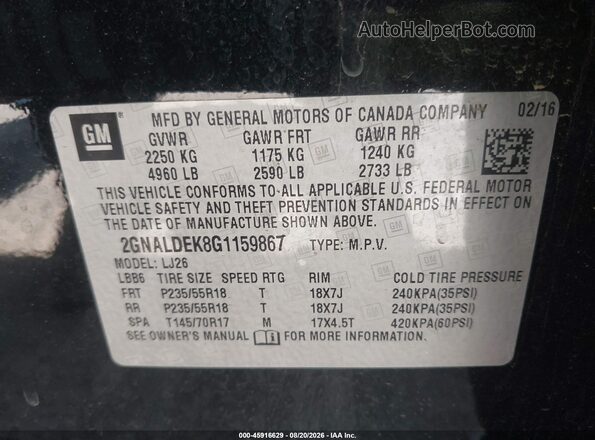 2GNALDEK8G1159867 2016 CHEVROLET EQUINOX Черный Вид подкапотного пространства
