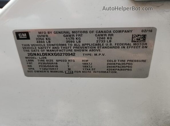 2GNALDEKXG6270942 2016 CHEVROLET EQUINOX Белый Вид наклейки с VIN-кодом