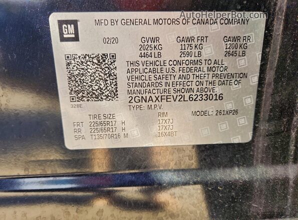 2GNAXFEV2L6233016 2020 CHEVROLET EQUINOX Синий Вид наклейки с VIN-кодом