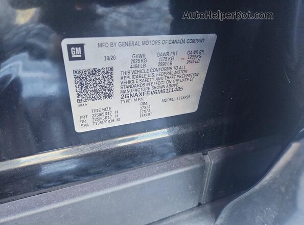 2GNAXFEV6M6111485 2021 CHEVROLET EQUINOX Черный Вид наклейки с VIN-кодом