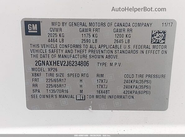 2GNAXHEV2J6234806 2018 CHEVROLET EQUINOX White Engine compartment view