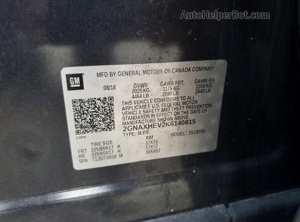 2GNAXHEV2K6140815 2019 CHEVROLET EQUINOX Gray Widok naklejki z numerem VIN