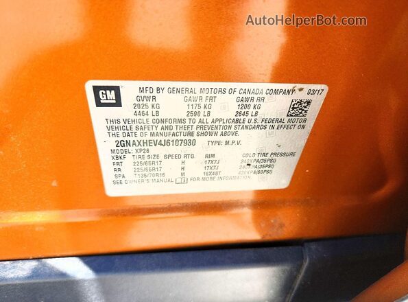 2GNAXHEV4J6107930 2018 CHEVROLET EQUINOX Orange Widok naklejki z numerem VIN