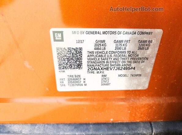 2GNAXHEV7J6249544 2018 CHEVROLET EQUINOX Orange Widok naklejki z numerem VIN