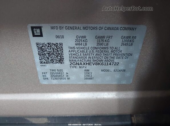 2GNAXHEV8K6114722 2019 CHEVROLET EQUINOX Коричневый Вид подкапотного пространства