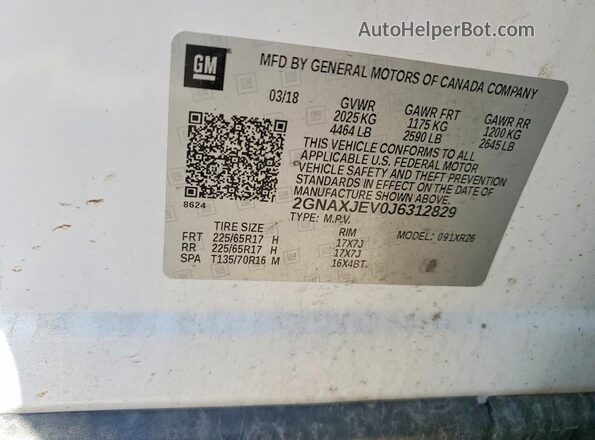 2GNAXJEV0J6312829 2018 CHEVROLET EQUINOX White Вид наклейки з VIN-кодом