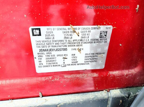 2GNAXJEV1J6207085 2018 CHEVROLET EQUINOX Red VIN კოდის სტიკერის ხედი