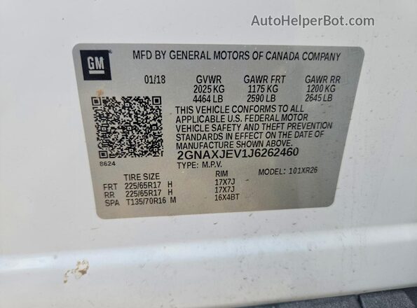 2GNAXJEV1J6262460 2018 CHEVROLET EQUINOX White Вид наклейки з VIN-кодом