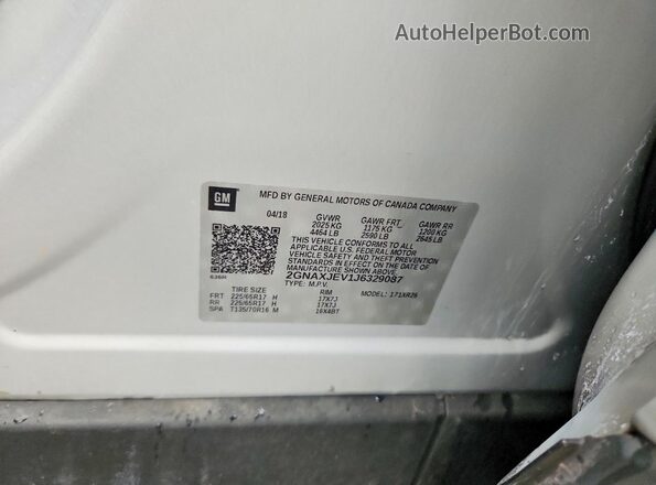 2GNAXJEV1J6329087 2018 CHEVROLET EQUINOX Silver Вид наклейки з VIN-кодом