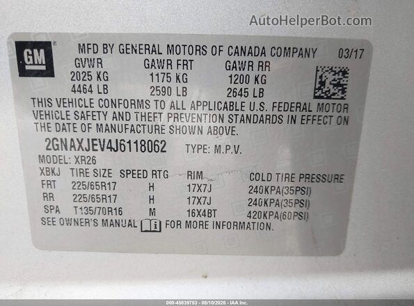 2GNAXJEV4J6118062 2018 CHEVROLET EQUINOX Серебряный 