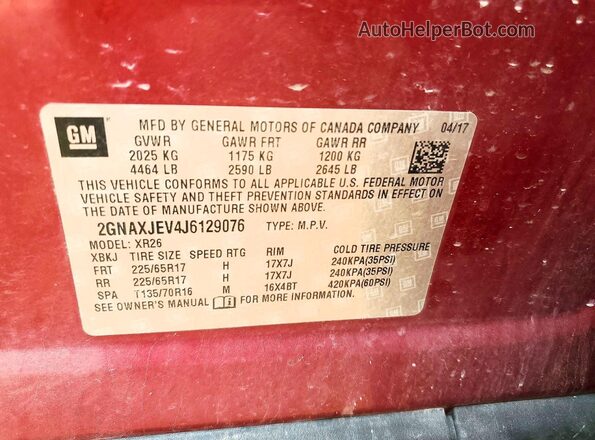 2GNAXJEV4J6129076 2018 CHEVROLET EQUINOX Red Панорамний вид салону 360°