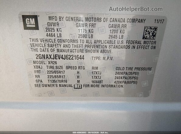 2GNAXJEV4J6221644 2018 CHEVROLET EQUINOX Silver Շարժիչի բաժամունքի տեսք