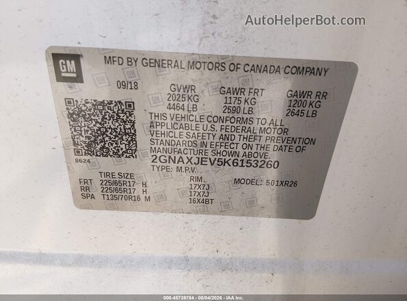 2GNAXJEV5K6153260 2019 CHEVROLET EQUINOX White Widok komory silnika