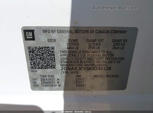 2GNAXJEV5K6245128 2019 CHEVROLET EQUINOX White Engine compartment view