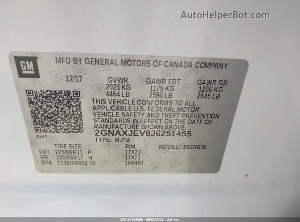 2GNAXJEV8J6251455 2018 CHEVROLET EQUINOX White Vista del compartimento del motor