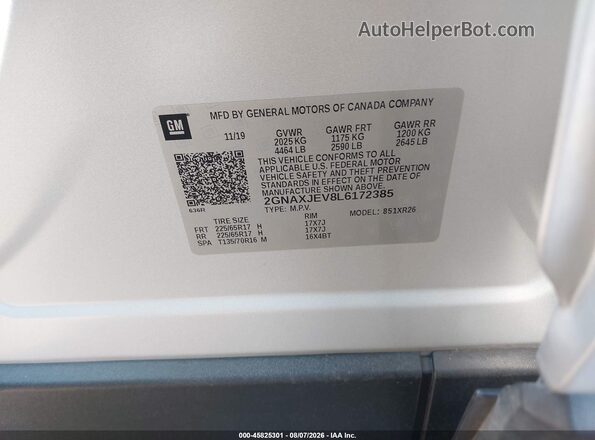 2GNAXJEV8L6172385 2020 CHEVROLET EQUINOX Silver Вид підкапотного простору
