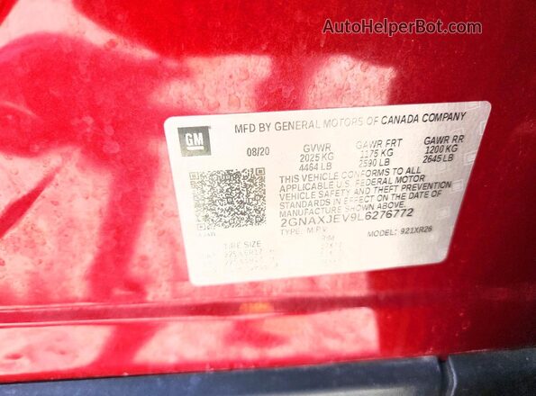 2GNAXJEV9L6276772 2020 CHEVROLET EQUINOX Бордовый Вид наклейки с VIN-кодом
