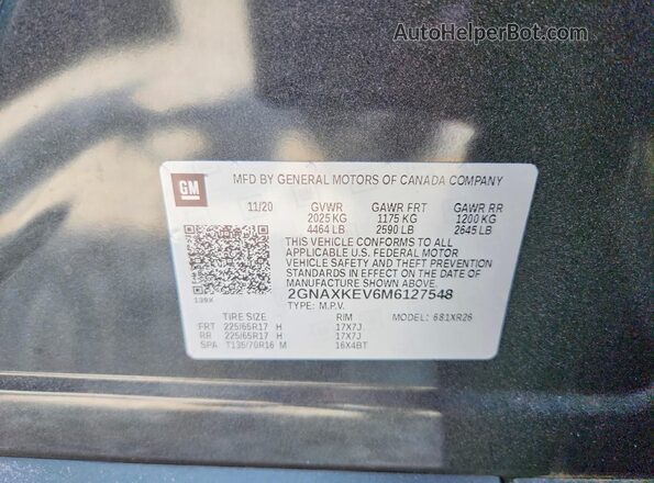 2GNAXKEV6M6127548 2021 CHEVROLET EQUINOX Gray Widok naklejki z numerem VIN
