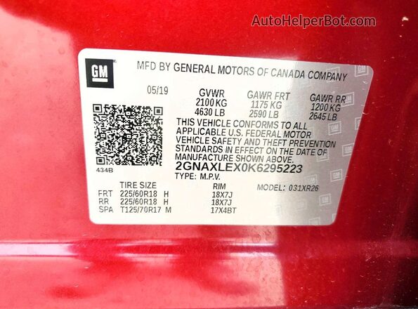 2GNAXLEX0K6295223 2019 CHEVROLET EQUINOX Maroon Вид наклейки з VIN-кодом