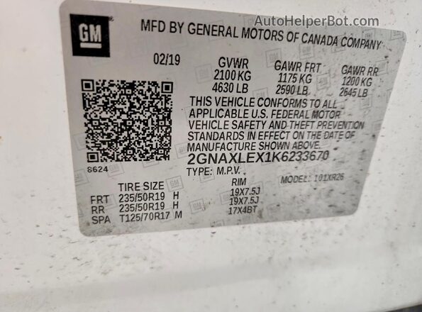 2GNAXLEX1K6233670 2019 CHEVROLET EQUINOX White Вид підкапотного простору