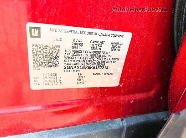 2GNAXLEX5K6152218 2019 CHEVROLET EQUINOX Red Widok naklejki z numerem VIN