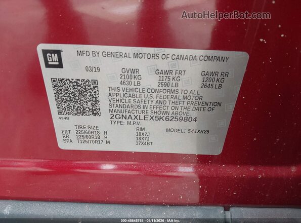 2GNAXLEX5K6259804 2019 CHEVROLET EQUINOX Maroon Vista del compartimento del motor