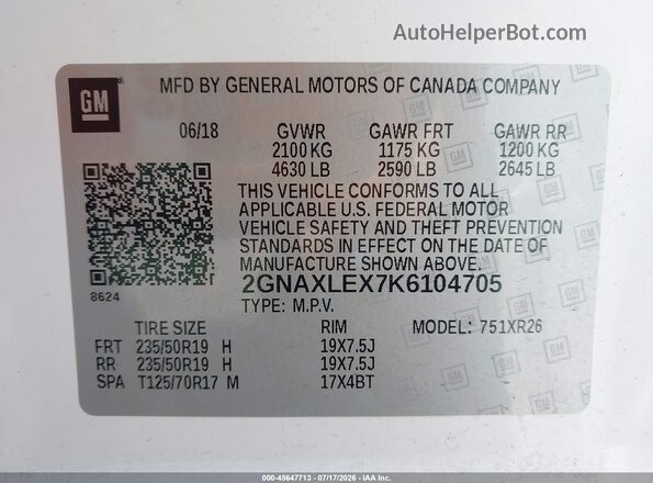 2GNAXLEX7K6104705 2019 CHEVROLET EQUINOX White Widok komory silnika
