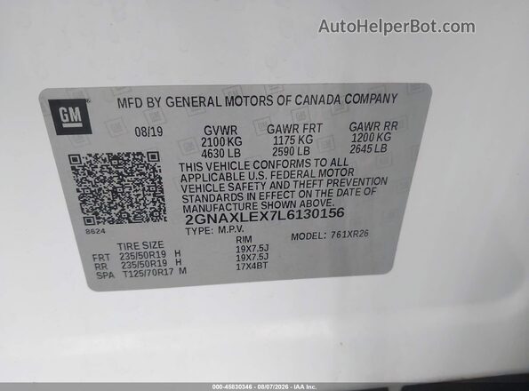 2GNAXLEX7L6130156 2020 CHEVROLET EQUINOX Белый Вид подкапотного пространства