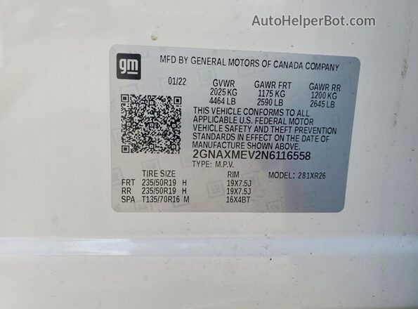 2GNAXMEV2N6116558 2022 CHEVROLET EQUINOX White Շարժիչի բաժամունքի տեսք