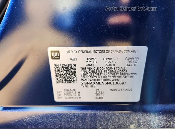 2GNAXMEV6N6136697 2022 CHEVROLET EQUINOX Blue Вид наклейки з VIN-кодом