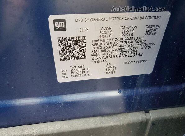 2GNAXMEV9N6130148 2022 CHEVROLET EQUINOX Blue Вид наклейки з VIN-кодом