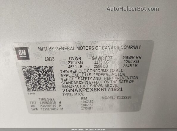 2GNAXPEX8K6174821 2019 CHEVROLET EQUINOX Серебряный Вид подкапотного пространства