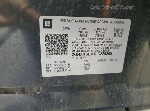 2GNAXSEV1L6228205 2020 CHEVROLET EQUINOX Charcoal Вид наклейки з VIN-кодом