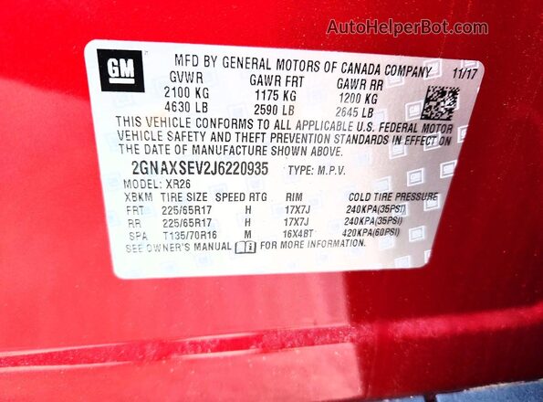2GNAXSEV2J6220935 2018 CHEVROLET EQUINOX Red Widok naklejki z numerem VIN