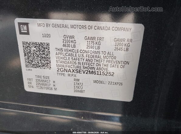 2GNAXSEV2M6115252 2021 CHEVROLET EQUINOX Black Вид підкапотного простору