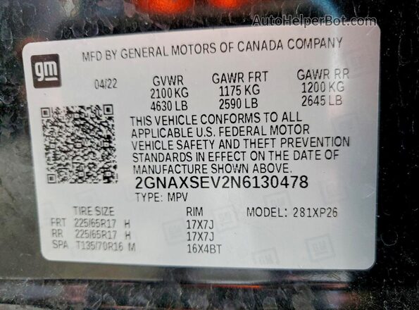 2GNAXSEV2N6130478 2022 CHEVROLET EQUINOX Черный Вид наклейки с VIN-кодом