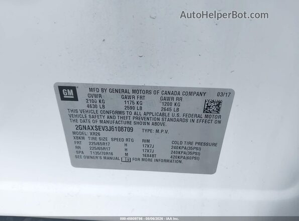 2GNAXSEV3J6108709 2018 CHEVROLET EQUINOX White Вид підкапотного простору