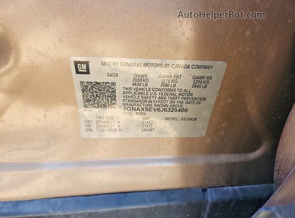2GNAXSEV6J6325400 2018 CHEVROLET EQUINOX Tan Engine compartment view