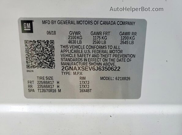 2GNAXSEV6J6350622 2018 CHEVROLET EQUINOX White Widok naklejki z numerem VIN