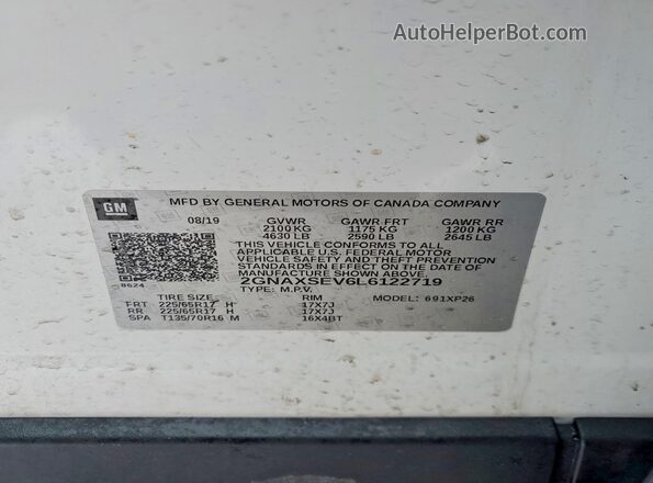 2GNAXSEV6L6122719 2020 CHEVROLET EQUINOX White Vista de la etiqueta del VIN