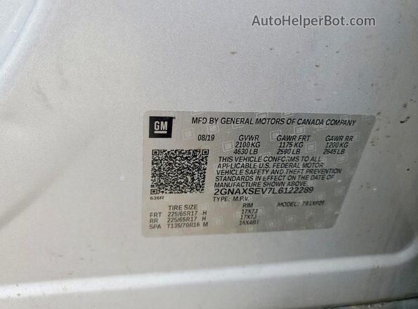 2GNAXSEV7L6122289 2020 CHEVROLET EQUINOX Серебряный Вид наклейки с VIN-кодом