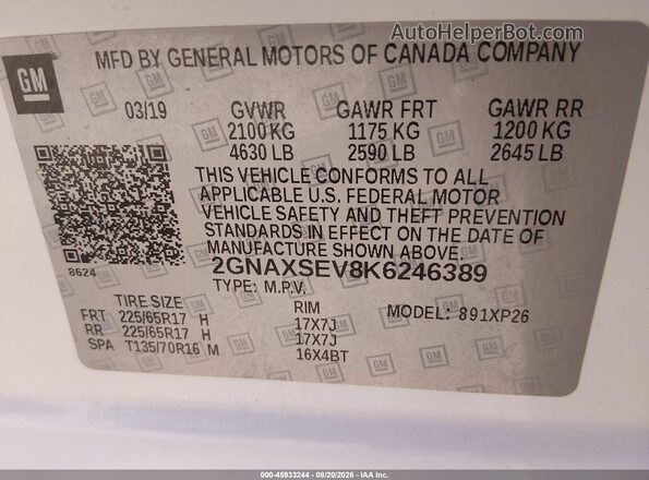 2GNAXSEV8K6246389 2019 CHEVROLET EQUINOX White Vista del compartimento del motor