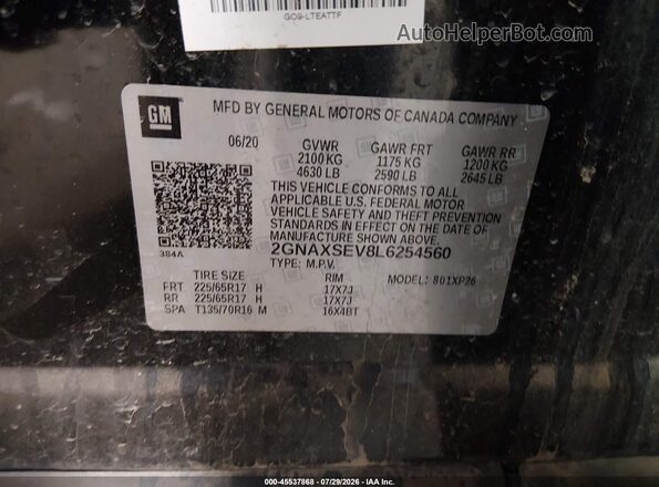 2GNAXSEV8L6254560 2020 CHEVROLET EQUINOX Black Widok komory silnika