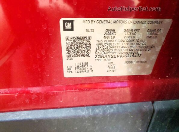 2GNAXSEV9J6316402 2018 CHEVROLET EQUINOX Red Вид наклейки з VIN-кодом