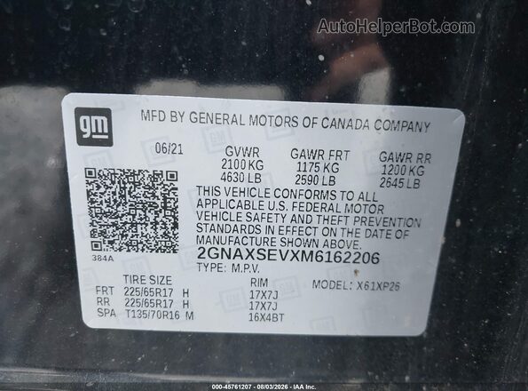 2GNAXSEVXM6162206 2021 CHEVROLET EQUINOX Black Widok komory silnika