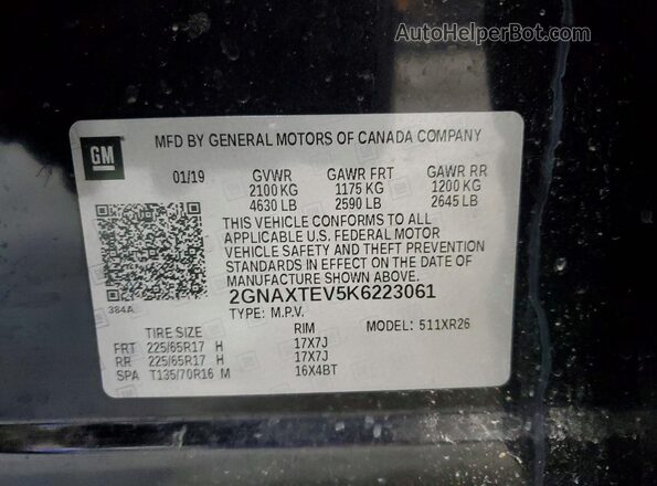 2GNAXTEV5K6223061 2019 CHEVROLET EQUINOX Черный Вид наклейки с VIN-кодом