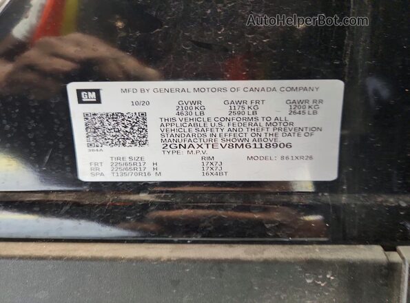 2GNAXTEV8M6118906 2021 CHEVROLET EQUINOX Black Widok naklejki z numerem VIN