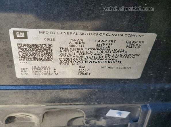 2GNAXTEX5J6336931 2018 CHEVROLET EQUINOX Gray Widok naklejki z numerem VIN